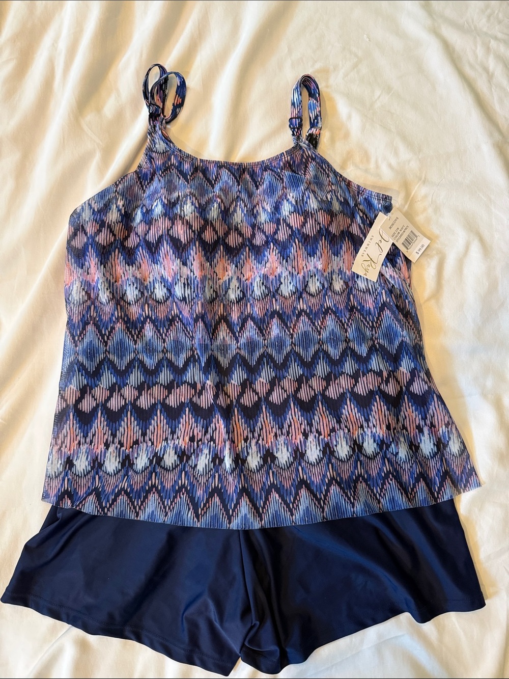 Blue & Pink Patterned Tankini Top with Navy Swim Shorts
